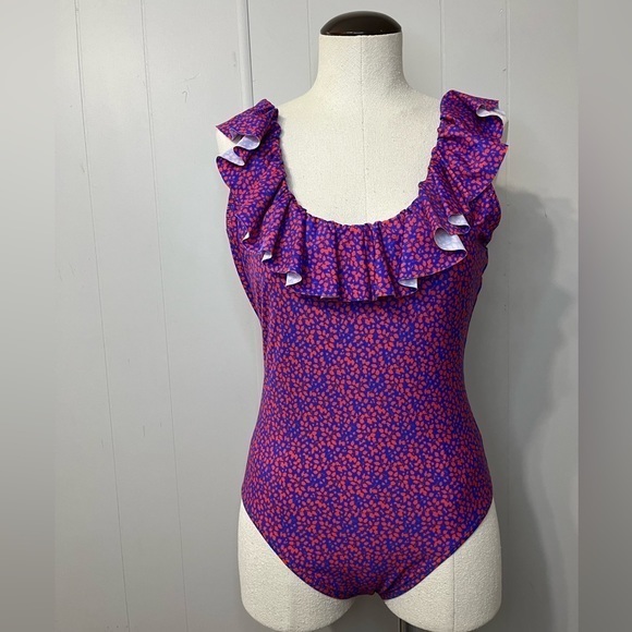 J.Crew one piece ruffle low back blue with small red leaf pattern size 8 - Picture 2 of 12